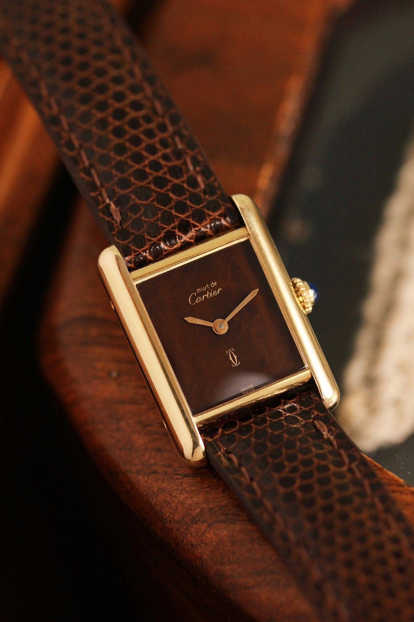 Cartier Must de Tank Vermeil 'Turtle Shell' Brown Wood Dial