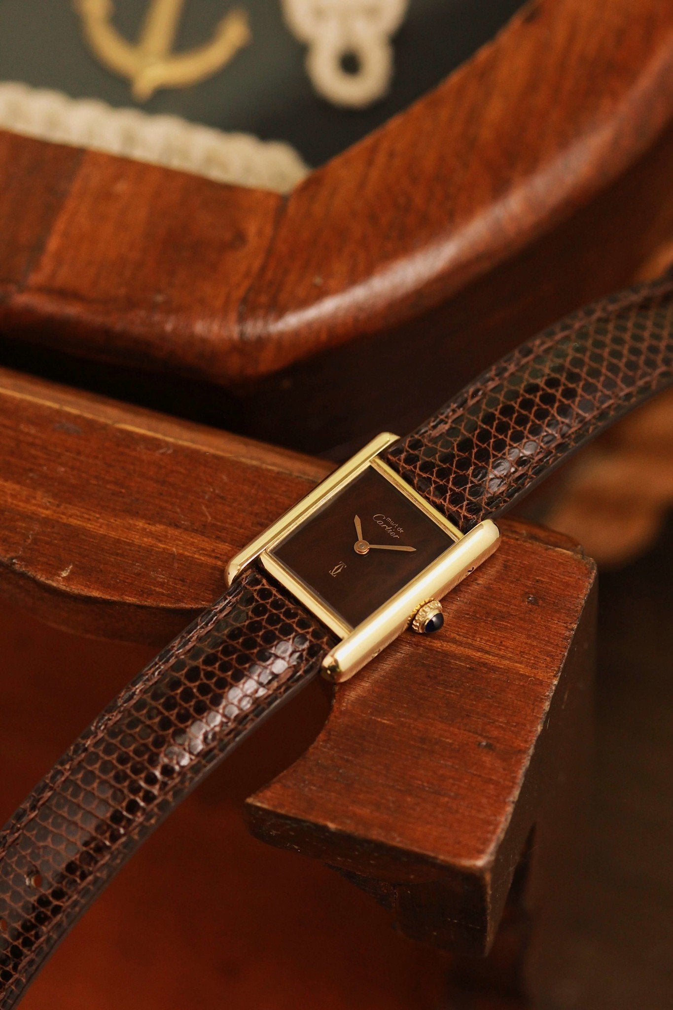 Cartier Must de Tank Vermeil 'Turtle Shell' Brown Wood Dial