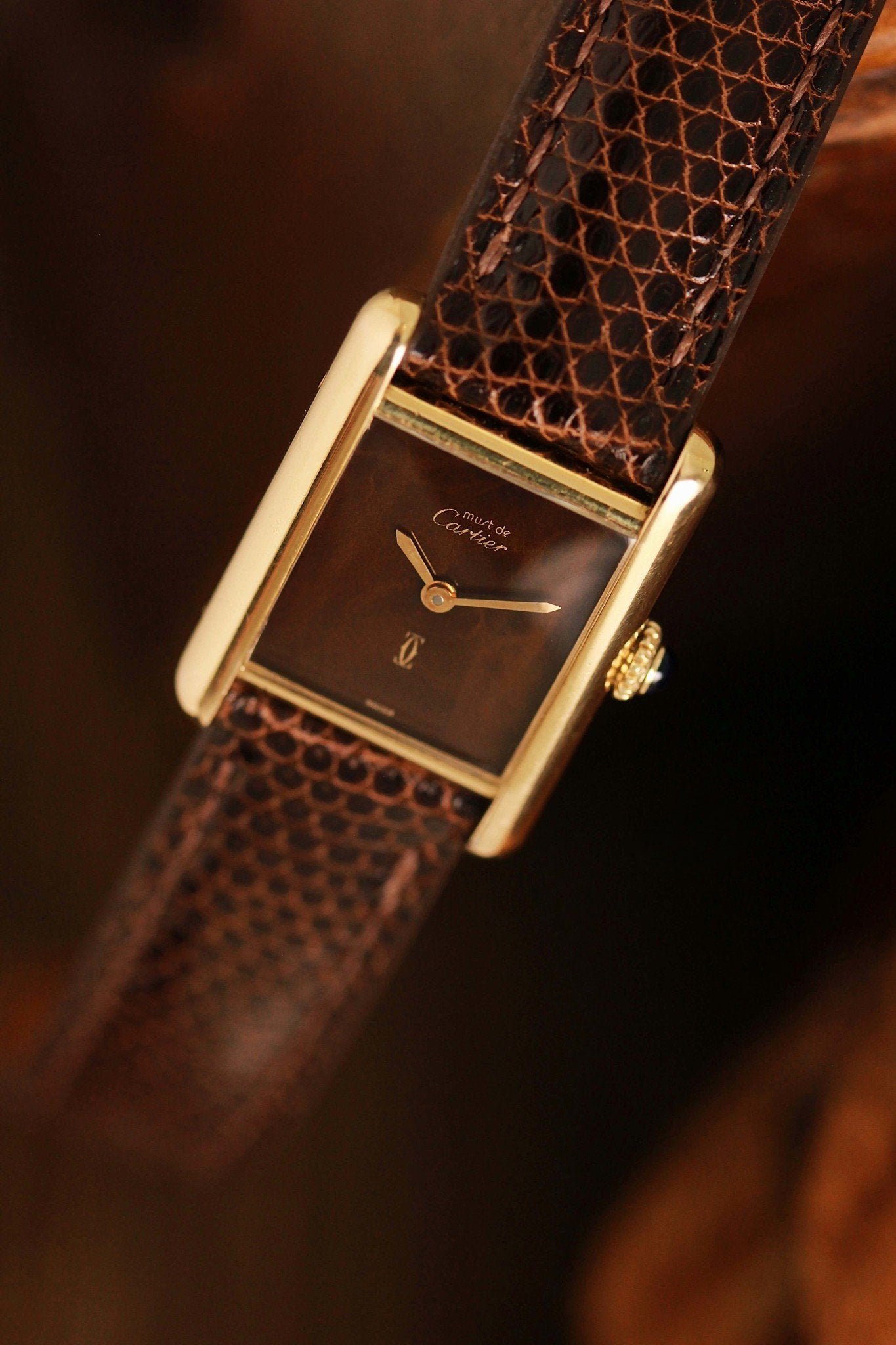 Cartier Must de Tank Vermeil 'Turtle Shell' Brown Wood Dial