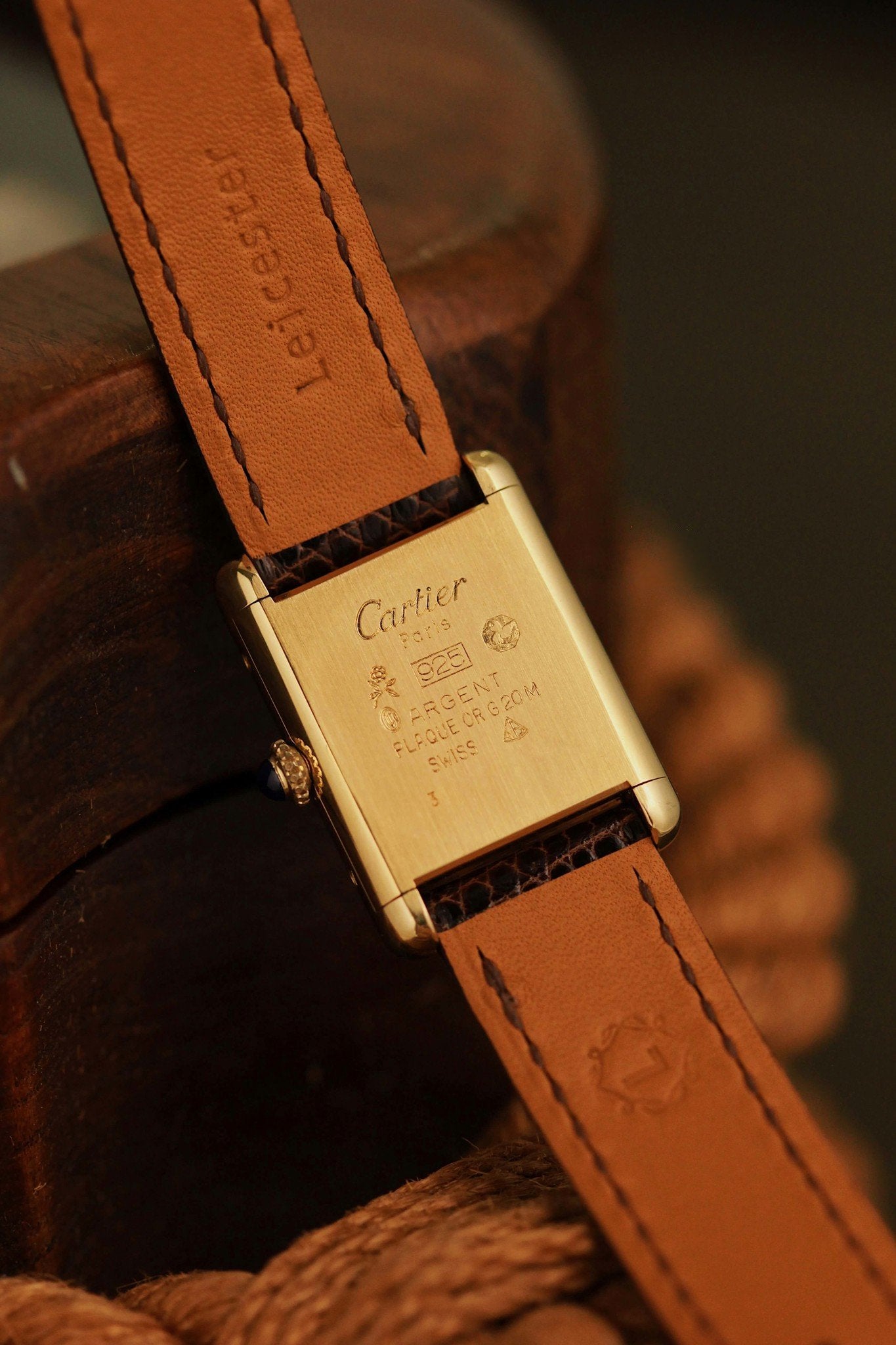 Cartier Must de Tank Vermeil 'Turtle Shell' Brown Wood Dial
