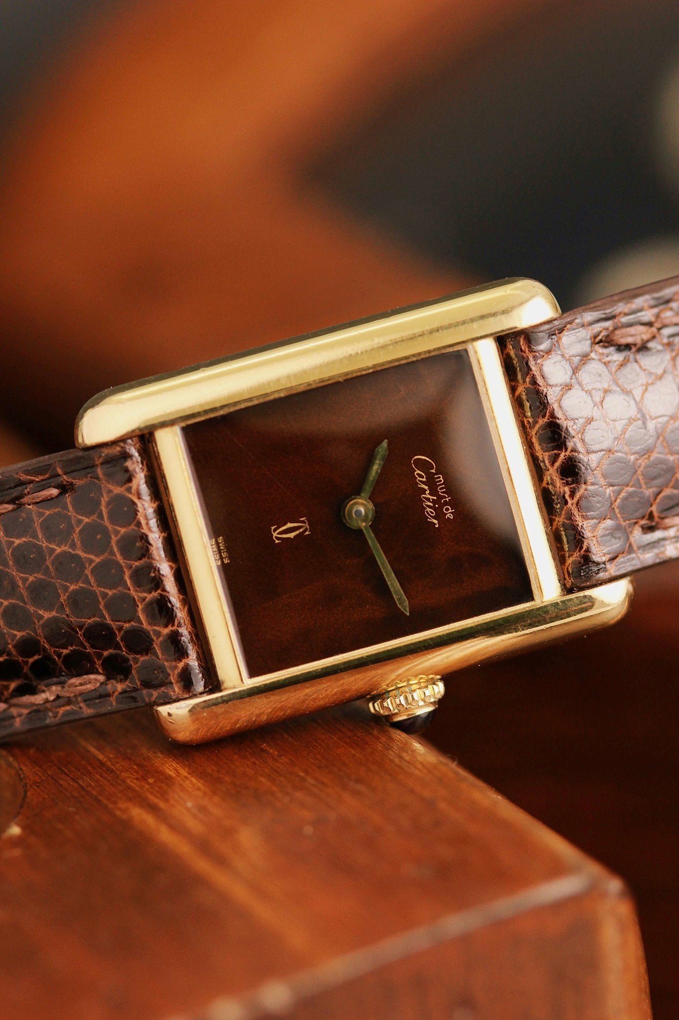 Cartier Must de Tank Vermeil 'Turtle Shell' Brown Wood Dial