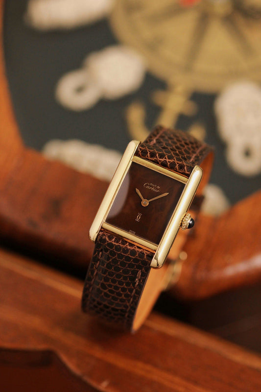 Cartier Must de Tank Vermeil 'Turtle Shell' Brown Wood Dial